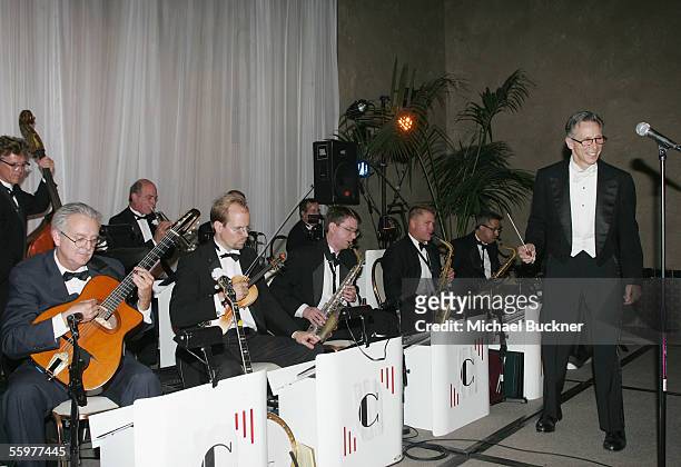 Conductor Johnny Crawford and his orchestra perform at the after party for Encore's "Bullets Over Hollywood" at the Roosevelt Hotel on October 20,...
