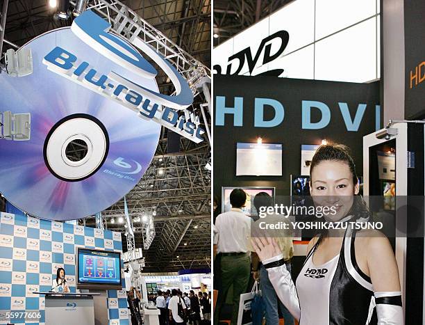 This combo picture shows large booths for the promotion of the next generation DVDs, Blu-ray Disk Association headed by Sony and Toshiba's HD DVD...