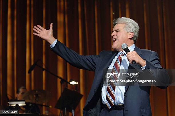 Host Jay Leno performs at the David Geffen School of Medicine at UCLA Visionary Awards at the Regent Beverly Wilshire Hotel on October 20, 2005 in...