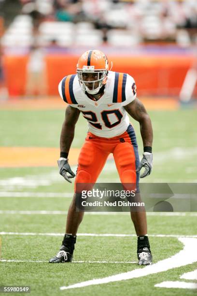 Free safety Anthony Smith of the Syracuse University Orange against the West Virginia University Mountaineers on September 4, 2005 at the Carrier...