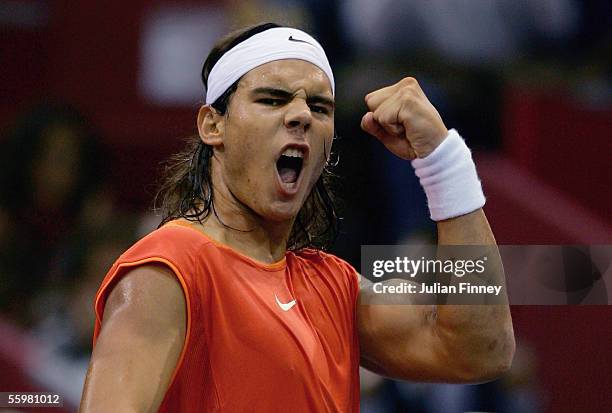 Rafael Nadal of Spain celebrates winning a point in his match against Radek Stepanek of Czech Republic in the quarter-finals of the ATP Madrid...