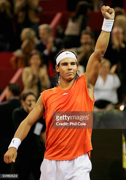 Rafael Nadal of Spain celabrates winning aginst Robby Ginepri of America during the Semi- Final of the ATP Madrid Masters at the Nuevo Rockodromo on...