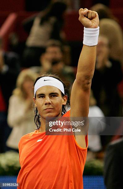 Rafael Nadal of Spain celabrates winning aginst Robby Ginepri of America during the Semi- Final of the ATP Madrid Masters at the Nuevo Rockodromo on...