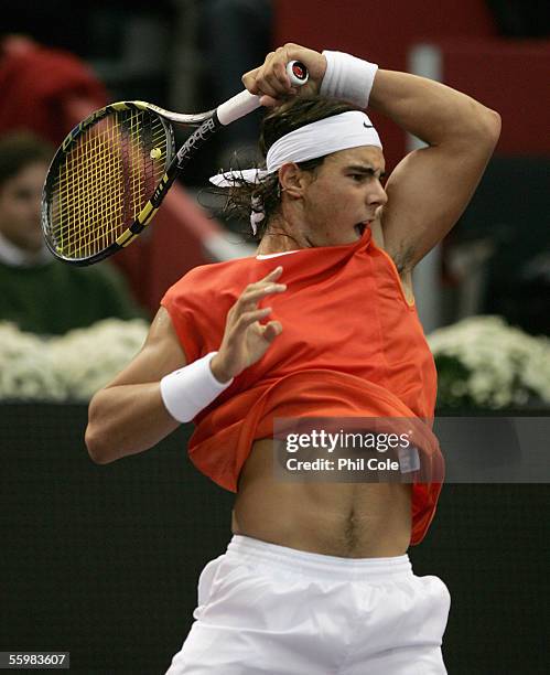 Rafael Nadal of Spain in action against Robby Ginepri of America during the Semi- Final of the ATP Madrid Masters at the Nuevo Rockodromo on October...