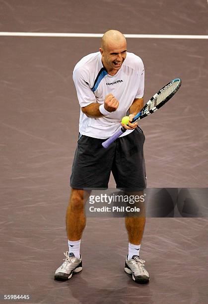 Ivan Ljubicic of Croatia celebrates winning against David Nalbandian of Argentina during the Semi- Final of the ATP Madrid Masters at the Nuevo...