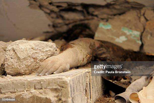 The arm of a dead man is seen in the rubble of a home where the body has remained, trapped under debris, for two weeks since the earthquake October...