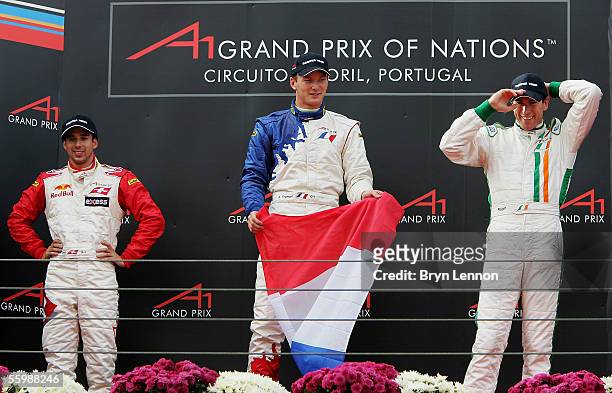 Neel Jani of Switzerland , Alexandre Premat of France and Ralph Firman of Ireland stand on the podium after the A1 Grand Prix of Nations Feature race...