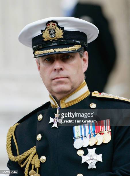 Prince Andrew, Duke of York, in naval uniform is seen at St. Paul's Cathedral for a service to mark the 200th Anniversary of Nelson's victory at...