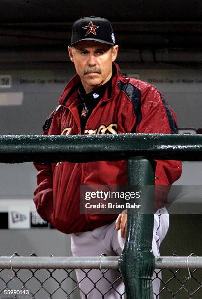 Manager Phil Garner of the Houston Astros watches from the dugout in the seventh inning against the Chicago White Sox during Game Two of the 2005...