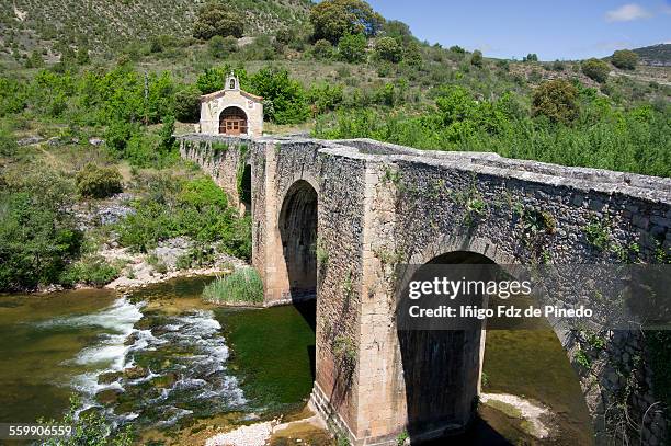 bridge of pesquera de ebro, burgos, spain - ebro river stock-fotos und bilder