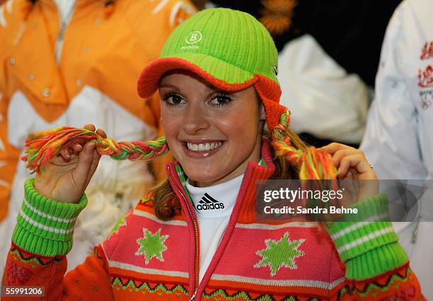 Evi Sachenbacher poses for a photo during the Presentation of the official Turin 2006 wardrobe to the German Winter Olympics Team on October 24, 2005...