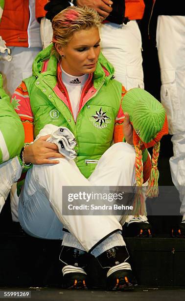 Maria Riesch looks at her hat during the Presentation of the official Turin 2006 wardrobe to the German Winter Olympics Team on October 24, 2005 in...