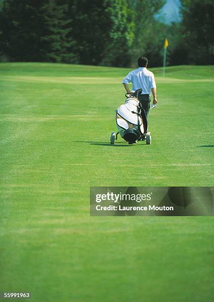 golfer pulling golf bag on green - golftasche ziehen stock-fotos und bilder