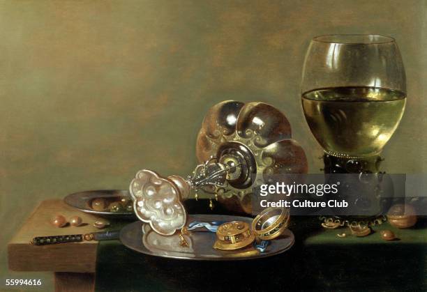 Still life with glass of wine, tazza and a pewter plate