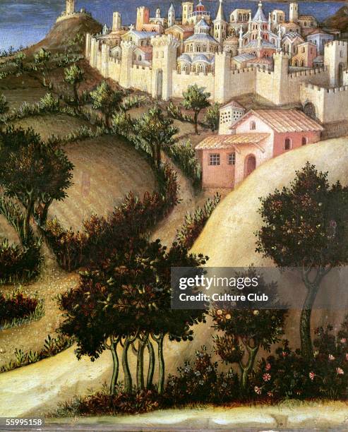 Adoration of the Magi Altarpiece: central predella panel depicting the Flight into Egypt, detail of the landscape, 1423