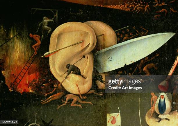 The Garden of Earthly Delights: Hell, right wing of triptych, detail of ears with a knife, c.1500