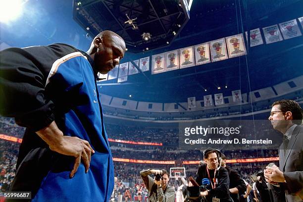 Michael Jordan of the Washington Wizards walks onto the court for the first time as a Wizard against the Chicago Bulls prior their NBA game on...