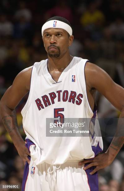 Jalen Rose of the Toronto Raptors looks on during a exhibition game against the Maccabi Tel-Aviv at the Air Canada Centre on October 16, 2005 in...