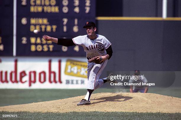 Pitcher Gaylord Perry, of the San Francisco Giants, throws a pitch during a game on June 26, 1966 against the Cincinnati Reds at Crosley Field in...