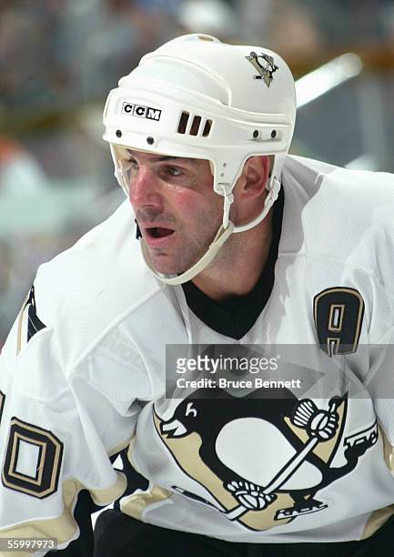 John LeClair of the Pittsburgh Penguins skates during the NHL game with the Philadelphia Flyers at the Wachovia Center on October 14, 2005 in...