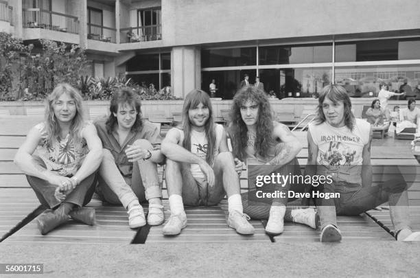 British heavy metal group Iron Maiden, circa 1985. Left to right: Dave Murray, Adrian Smith, Bruce Dickinson, Steve Harris and Nicko McBrain.