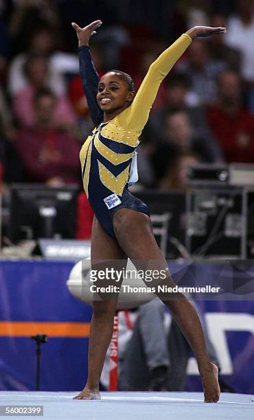 Daiane dos Santos of Brazil competes on the floor during the 23rd International Gymnastics DTB Cup at the Schleyer-Hall on October 22, 2005 in...