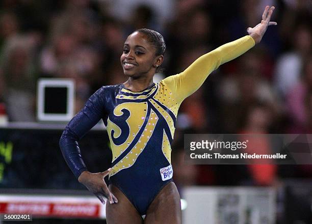 Daiane dos Santos of Brazil competes on the floor during the 23rd International Gymnastics DTB Cup at the Schleyer-Hall on October 22, 2005 in...