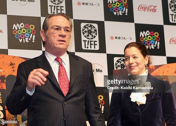 Actor and director Tommy Lee Jones and his wife Dawn Jones pose for photographers at a press conference introducing a special invitation film, "The...