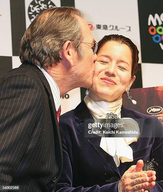 Actor and director Tommy Lee Jones and his wife Dawn Jones pose for photographers at a press conference introducing a special invitation film, "The...