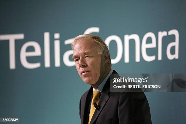 Anders Igel, CEO at Swedish and Finnish telecommunication company TeliaSonera Corp., presents the third-quarter report during a press conference in...