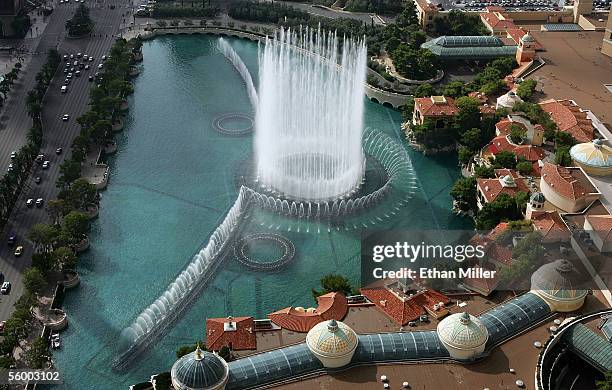 An aerial photo shows the Bellagio fountain show October 19, 2005 in Las Vegas, Nevada.