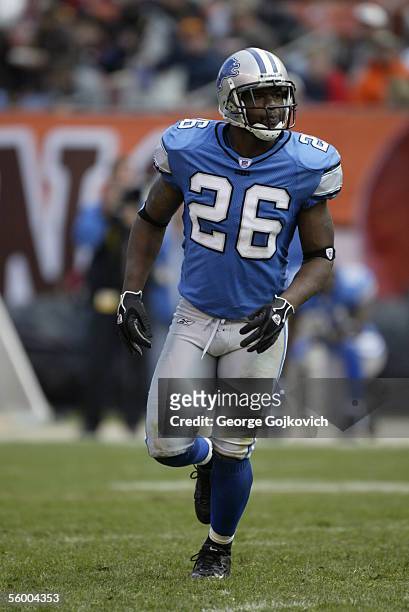 Defensive back Kenoy Kennedy of the Detroit Lions in action against the Cleveland Browns at Cleveland Browns Stadium on October 23, 2005 in...