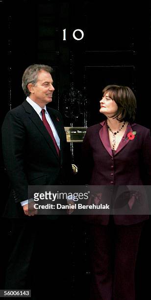 Prime Minister Tony Blair and Cherie Blair look on outside their 10 Downing St residence on October 25, 2005 in London, England. The Norwegian royal...