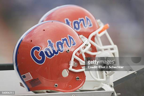 The Florida Gators helmet is shown during the game against the Mississippi State Bulldogs at Ben Hill Griffin Stadium on October 8, 2005 in...