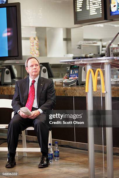 Jim Skinner, Chief Executive Officer of McDonald's Corporation, helps to introduce McDonald's new product packaging which features nutritional...