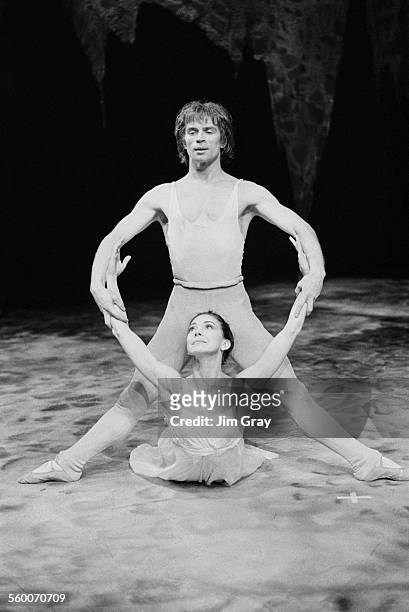 Ballet dancers Margot Fonteyn and Rudolf Nureyev rehearsing for a Royal Ballet production of Roland Petit's 'Pelleas and Melisande', at the Royal...