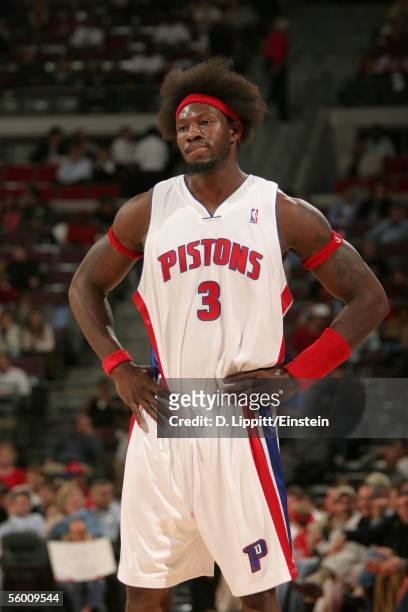 Ben Wallace of the Detroit Pistons stands on the court in the preseason game against the Dallas Mavericks at the Palace of Auburn Hills on October...