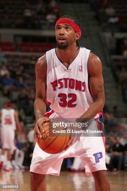 Richard Hamilton of the Detroit Pistons prepares to shoot a free throw during the preseason game against the Dallas Mavericks at the Palace of Auburn...