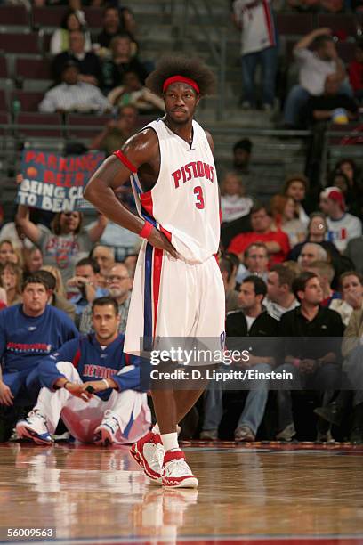 Ben Wallace of the Detroit Pistons walks on the court during a break in the preseason game against the Dallas Mavericks at the Palace of Auburn Hills...