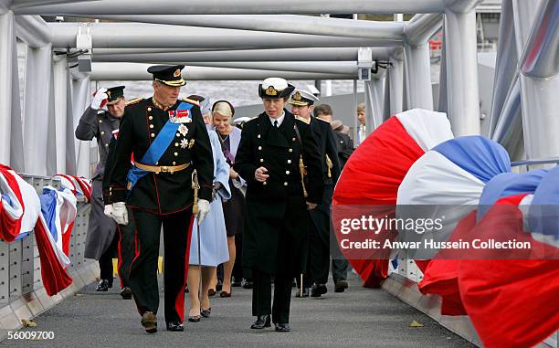 The Princess Royal chats to King Harald of Norway as they arrive at Millbank Pier on October 25, 2005 in London, England. The visit is to mark 100...