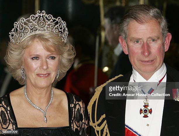 Prince Charles, Prince of Wales and Camilla, Duchess of Cornwall pose before the banquet for the Norwegian Royal Family at Buckingham Palace on...