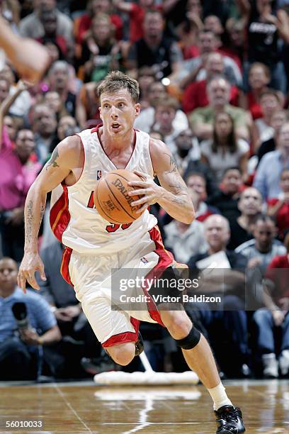 Jason Williams of the Miami Heat moves the ball during the Hurricane Katrina Relief Benefit Game with the San Antonio Spurs at American Airlines...