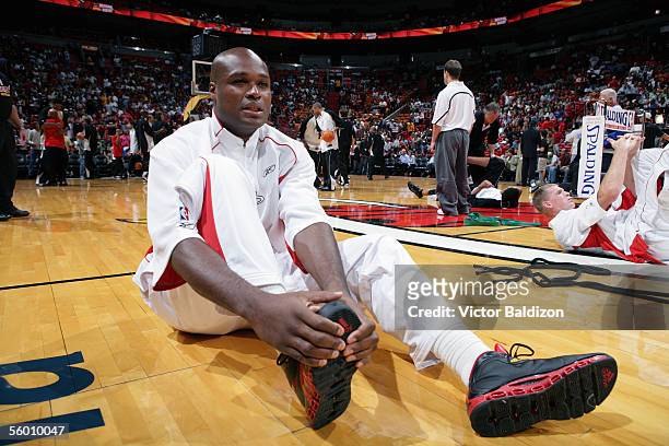 Antoine Walker of the Miami Heat warms up before the Hurricane Katrina Relief Benefit Game with the San Antonio Spurs at American Airlines Arena on...