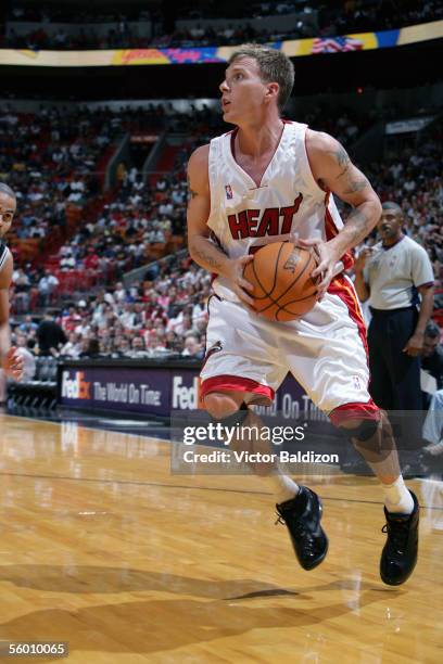 Jason Williams of the Miami Heat moves the ball during the Hurricane Katrina Relief Benefit Game with the San Antonio Spurs at American Airlines...