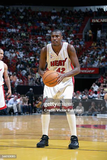 James Posey of the Miami Heat shoots a free throw during the Hurricane Katrina Relief Benefit Game with the San Antonio Spurs at American Airlines...