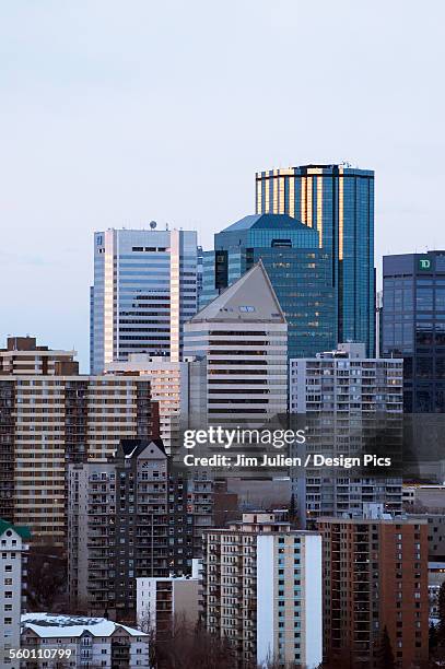 skyline of skyscrapers and high rise buildings in downtown edmonton - edmonton skyline stock pictures, royalty-free photos & images