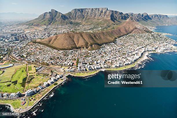 south africa, aerial view of cape town - table mountain cape town stock-fotos und bilder