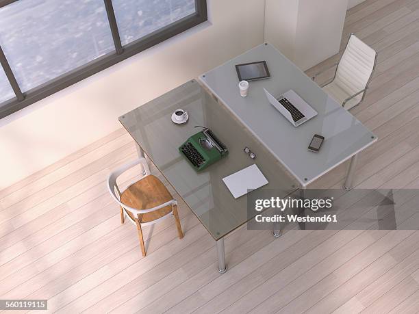 two desks with different equipments, 3d rendering - アナログ点のイラスト素材／クリップアート素材／マンガ素材／アイコン素材