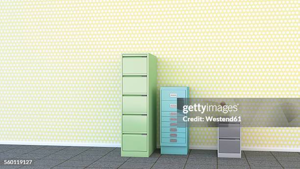three different drawer cabinets in front of yellow wallpaper, 3d rendering - different sizes stock illustrations