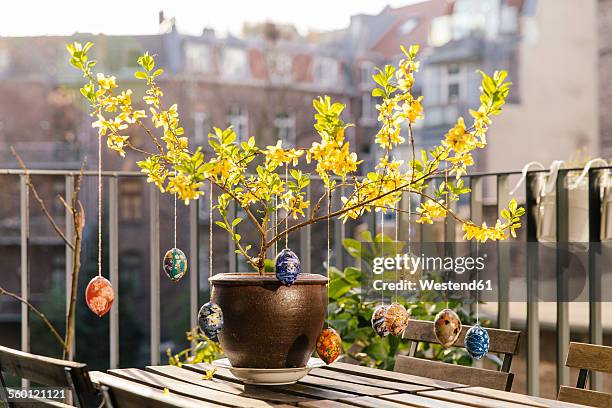 balcony easter decoration in forsythia - paastafel stockfoto's en -beelden